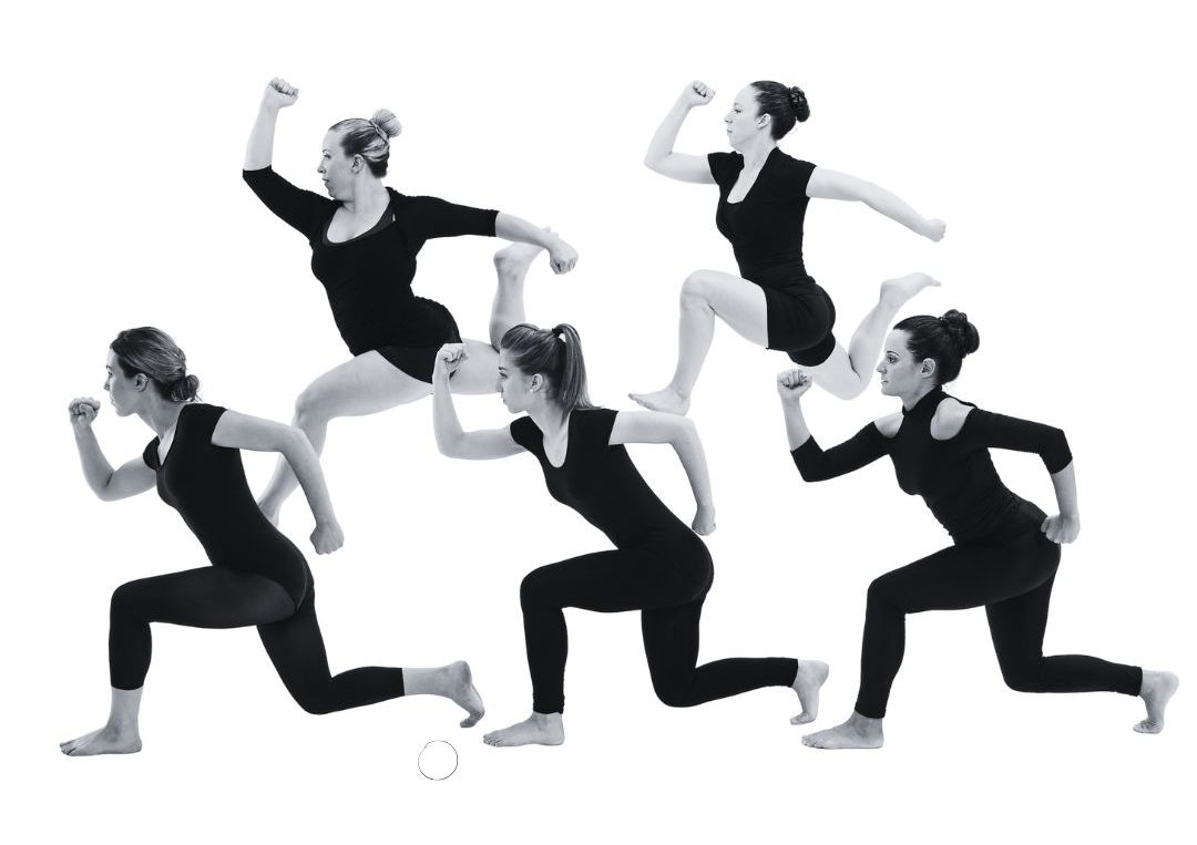 Dancers jumping into the sky and revealing right angles with their arms and legs.