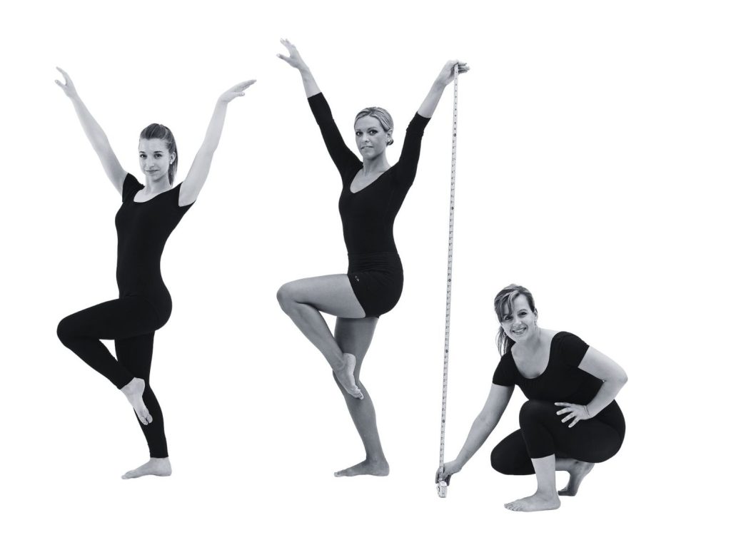 Three dancers. Two are posing in a shape that has several triangles and one is measuring the height of the shapes with a tape measure.