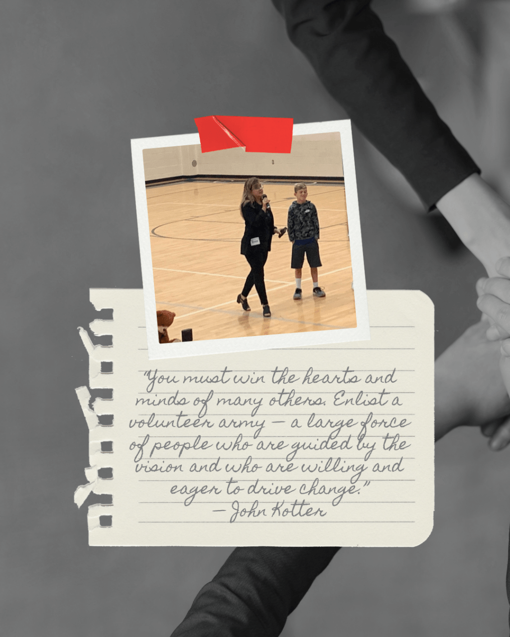 Photo of woman speaking at mic with student standing beside her. “You must win the hearts and minds of many others. Enlist a volunteer army — a large force of people who are guided by the vision and who are willing and eager to drive change.” — John Kotter, Accelerate (XLR8)