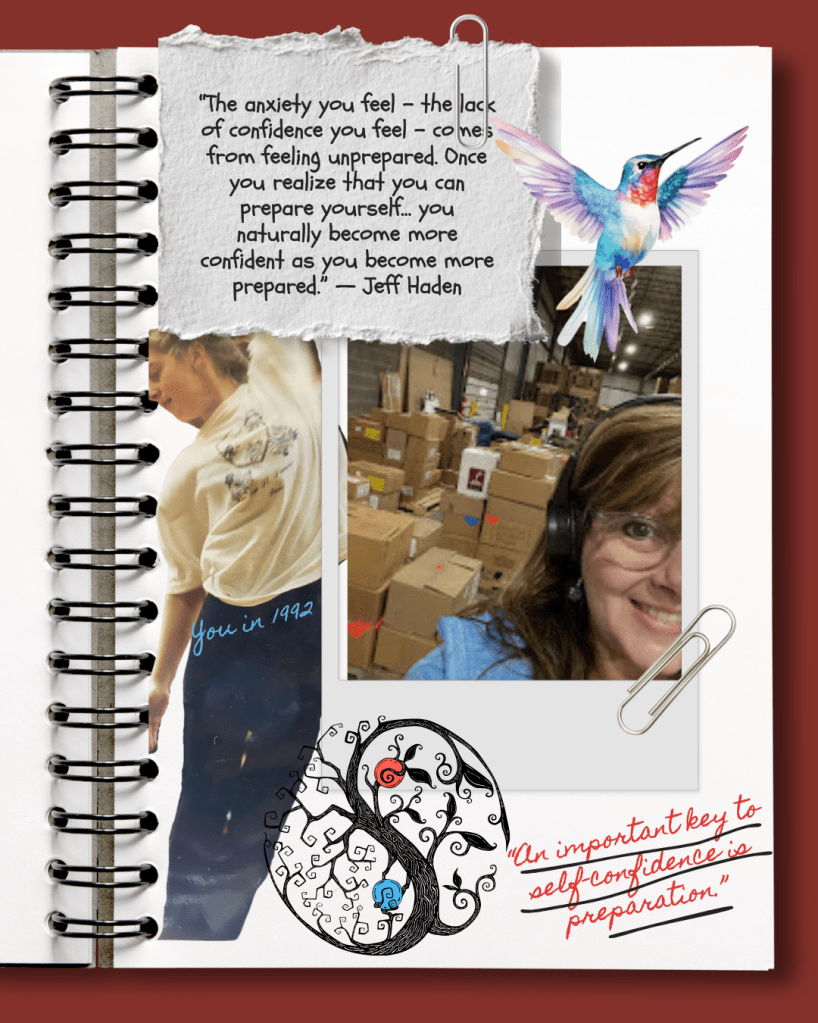 Journal page with quotes a dancer a bunch of boxes and a hummingbird sticker.  The quotes are about overcoming anxiety.