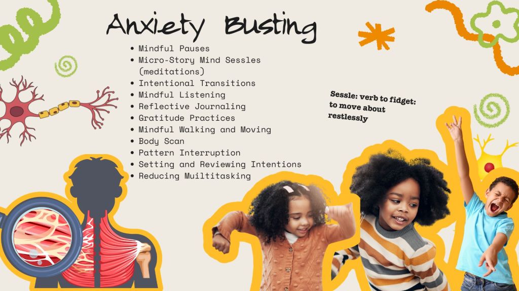 A colorful infographic titled 'Anxiety Busting' featuring various techniques such as 'Mindful Pauses', 'Gratitude Practices', and 'Mindful Walking and Moving'. It includes illustrations of neurons, patterns, and children engaged in activities, alongside definitions and explanations of the listed methods.