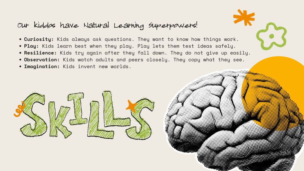 An infographic highlighting children's natural learning superpowers, including Curiosity, Play, Resilience, Observation, and Imagination, with a visual representation of a brain and playful design elements.